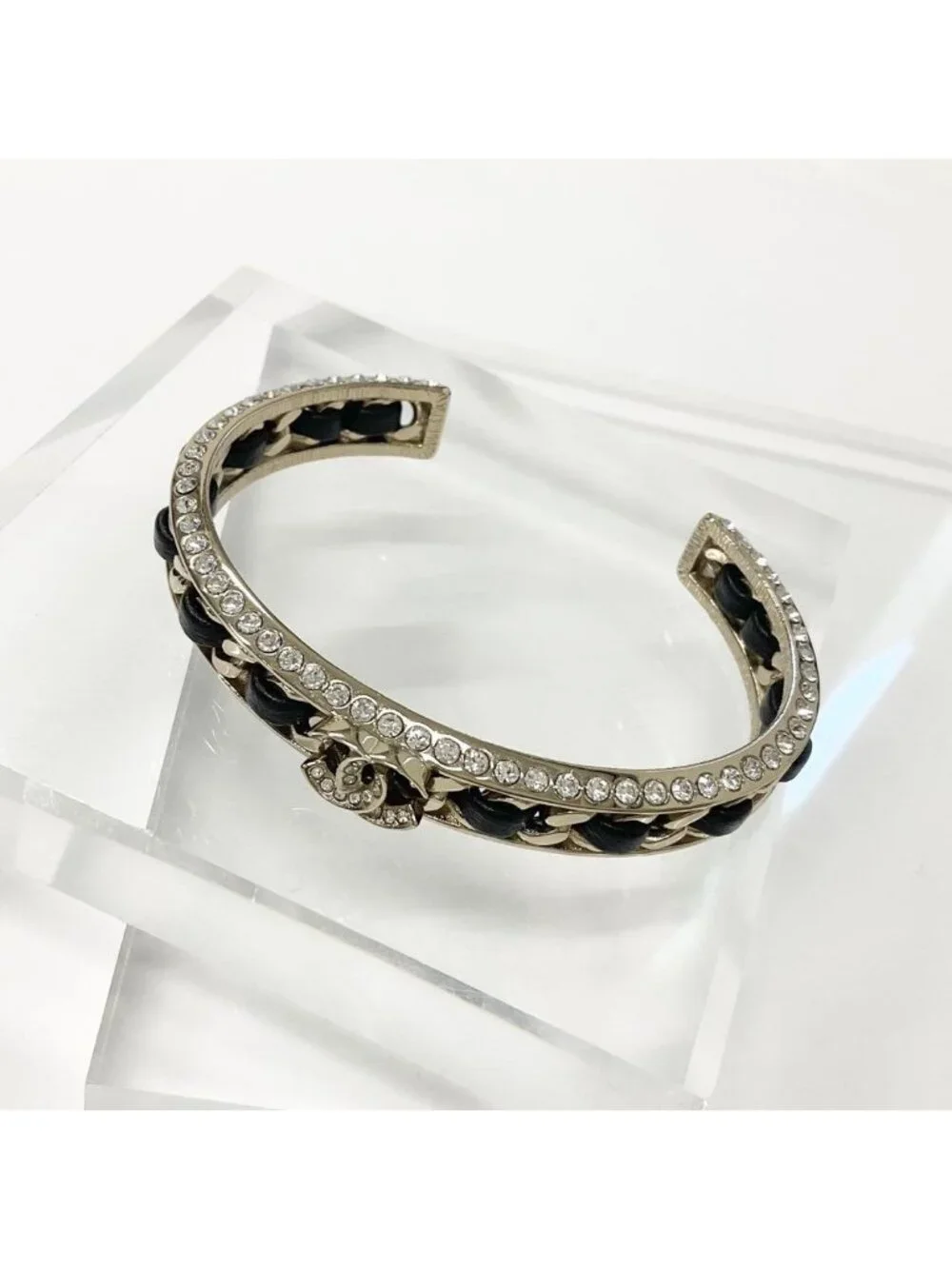 Chanel CC Logo Bangle Rhinestone Leather Bracelet Gold